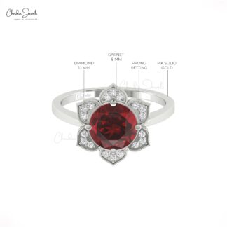 Diamond Floral Daisy Ring In Solid 14k Gold Red Garnet 8mm Round Cut Halo Rings For Her