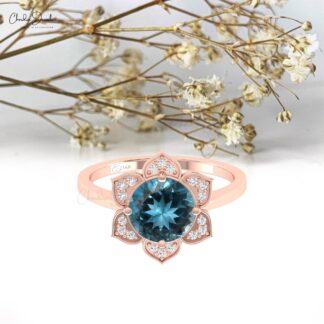 Daisy Lotus Diamond Ring In Solid 14k Gold London Blue Topaz 8mm Gemstone Rings For Her