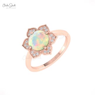 Round Fire Opal Floral Ring In Solid 14k Gold Diamond And 8mm Gemstone Blossom Rings