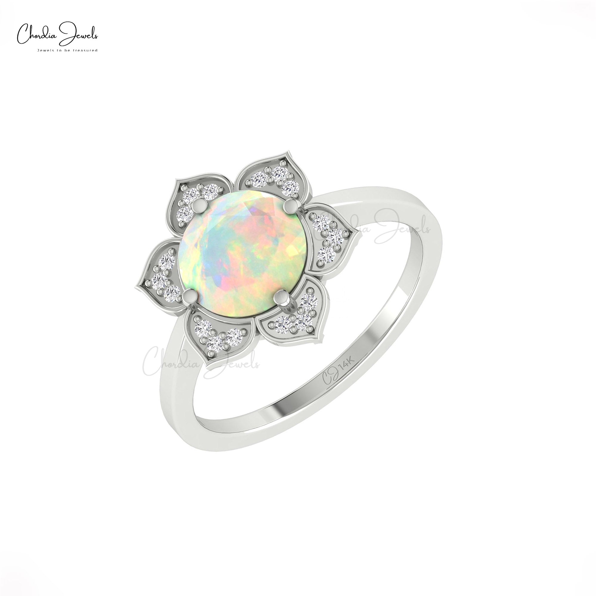 Round Fire Opal Floral Ring In Solid 14k Gold Diamond And 8mm Gemstone Blossom Rings