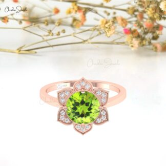 Pure 14k Gold Floral Daisy Ring With 8mm Peridot And Diamond Halo Anniversary Rings