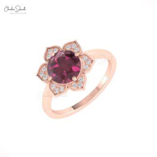 Blossom Floral Women Ring In 14k Solid Gold Rhodolite Garnet G-H Diamond Halo Rings
