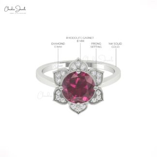 Blossom Floral Women Ring In 14k Solid Gold Rhodolite Garnet G-H Diamond Halo Rings