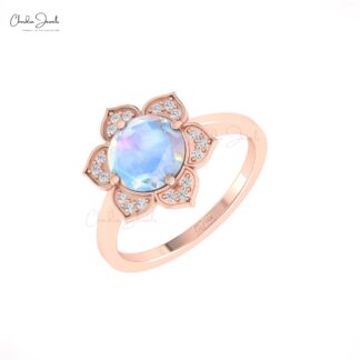 Real 14k Gold Floral Ring With 8mm Round Rainbow Moonstone Halo Diamond Proposal Rings