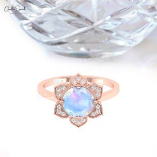 Real 14k Gold Floral Ring With 8mm Round Rainbow Moonstone Halo Diamond Proposal Rings