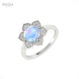 Real 14k Gold Floral Ring With 8mm Round Rainbow Moonstone Halo Diamond Proposal Rings
