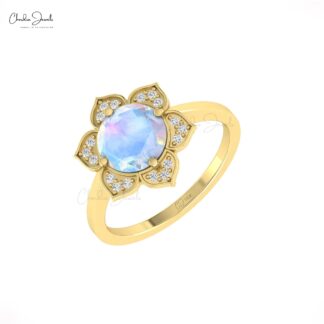 Real 14k Gold Floral Ring With 8mm Round Rainbow Moonstone Halo Diamond Proposal Rings