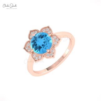 Halo Swiss Blue Topaz Ring With 1.5 Ct Gemstone And Diamond Floral Rings In 14k Real Gold