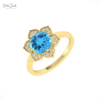 Halo Swiss Blue Topaz Ring With 1.5 Ct Gemstone And Diamond Floral Rings In 14k Real Gold