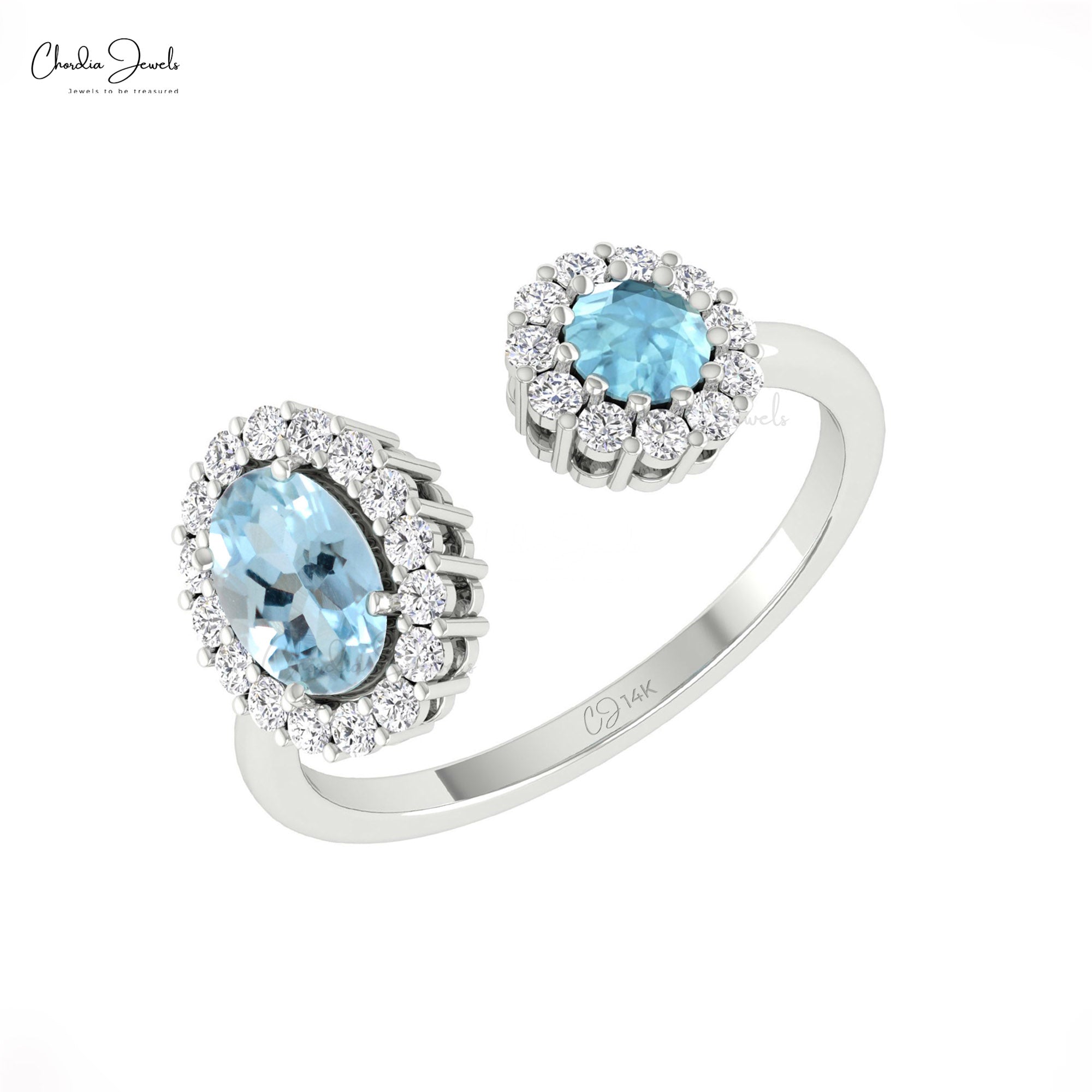 Solid 14k Gold Dual Halo Ring With 0.95 Ct Aquamarine Diamond Open Cuff Rings For Her