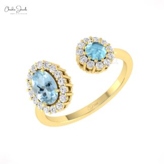 Solid 14k Gold Dual Halo Ring With 0.95 Ct Aquamarine Diamond Open Cuff Rings For Her