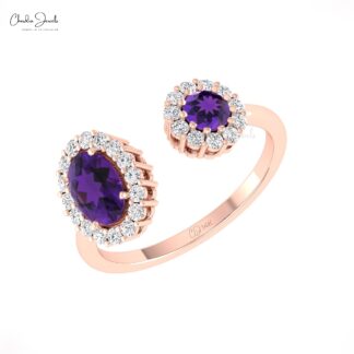 Split Shank Gemstone Ring In 14k Solid Gold Amethyst And Diamond Dual Halo Women Rings