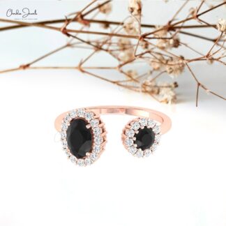 Halo Diamond Adjustable Ring In 14k Real Gold Black Diamond April Birthstone Wedding Ring