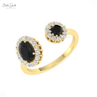 Halo Diamond Adjustable Ring In 14k Real Gold Black Diamond April Birthstone Wedding Ring