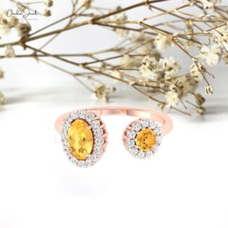 Double Halo Open Cuff Ring In Pure 14k Gold Citrine Gemstone Halo Diamond Bridal Rings