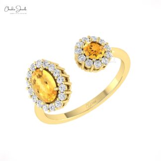 Double Halo Open Cuff Ring In Pure 14k Gold Citrine Gemstone Halo Diamond Bridal Rings