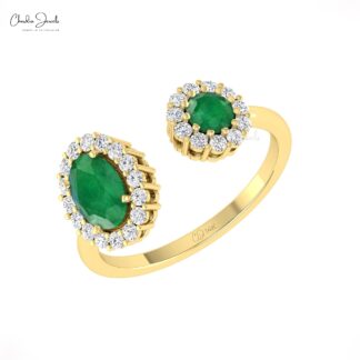 Adjustable Split Shank Ring With 7x5mm Emerald And Diamond Halo 14k Real Gold Rings