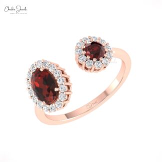 Diamond Open Cuff Ring In Solid 14k Gold Red Garnet 0.95 Ct Gemstone Halo Women Ring