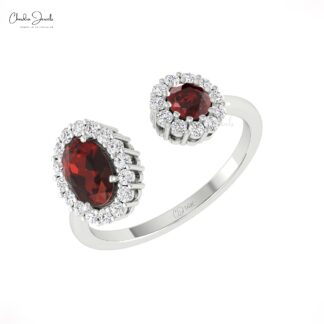 Diamond Open Cuff Ring In Solid 14k Gold Red Garnet 0.95 Ct Gemstone Halo Women Ring