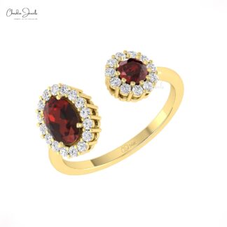 Diamond Open Cuff Ring In Solid 14k Gold Red Garnet 0.95 Ct Gemstone Halo Women Ring