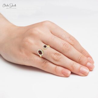 Diamond Open Cuff Ring In Solid 14k Gold Red Garnet 0.95 Ct Gemstone Halo Women Ring