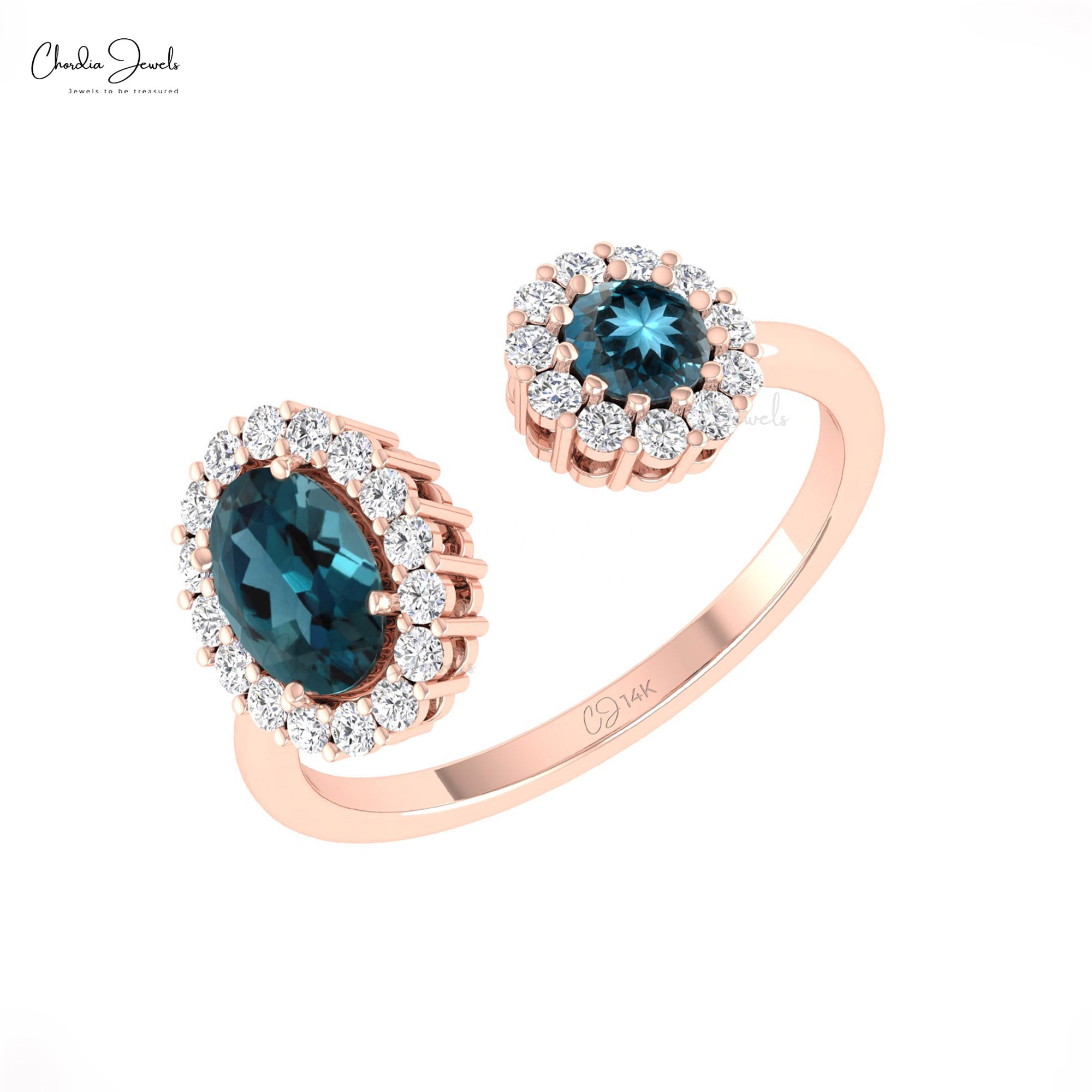 Gemstone Halo Ring With 0.95 Ct London Blue Topaz Diamond Open Cuff Rings In 14k Gold