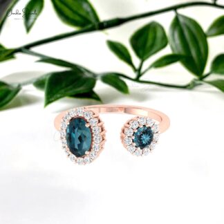 Gemstone Halo Ring With 0.95 Ct London Blue Topaz Diamond Open Cuff Rings In 14k Gold