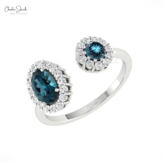 Gemstone Halo Ring With 0.95 Ct London Blue Topaz Diamond Open Cuff Rings In 14k Gold
