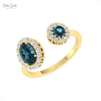Gemstone Halo Ring With 0.95 Ct London Blue Topaz Diamond Open Cuff Rings In 14k Gold