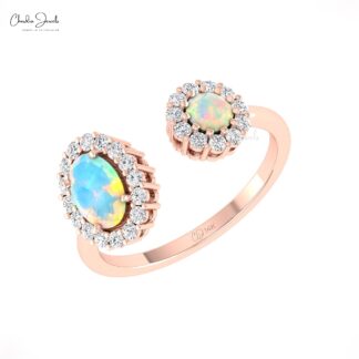 AAA Fire Opal Halo Ring In 14k Solid Gold Gemstone And Diamond Open Cuff Rings For Her