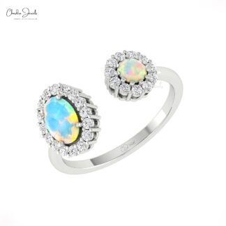 AAA Fire Opal Halo Ring In 14k Solid Gold Gemstone And Diamond Open Cuff Rings For Her