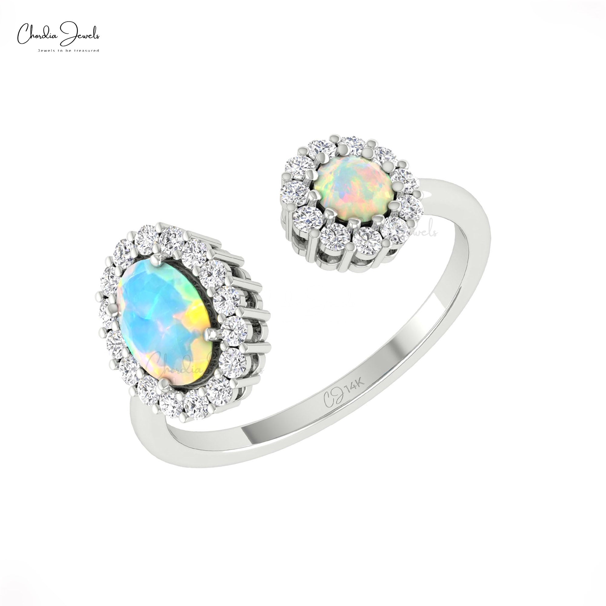 AAA Fire Opal Halo Ring In 14k Solid Gold Gemstone And Diamond Open Cuff Rings For Her