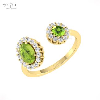 Real 14k Gold Split Shank Ring With Oval And Round Cut Peridot Diamond Halo Promise Rings