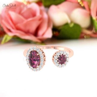 Two Halo Diamond Ring With 0.95 Ct Rhodolite Garnet Prong Set In 14k Gold Engagement Ring