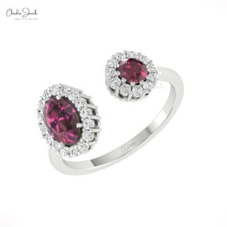 Two Halo Diamond Ring With 0.95 Ct Rhodolite Garnet Prong Set In 14k Gold Engagement Ring