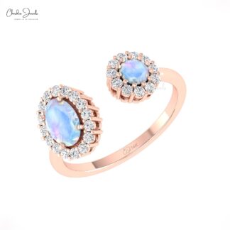 Dual Halo Open Cuff Ring In Solid 14k Gold Rainbow Moonstone Diamond Wedding Rings