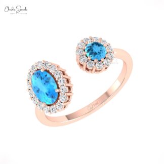 Dual Halo Open Cuff Ring With 1 Ctw Swiss Blue Topaz Diamond 14k Solid Gold Rings
