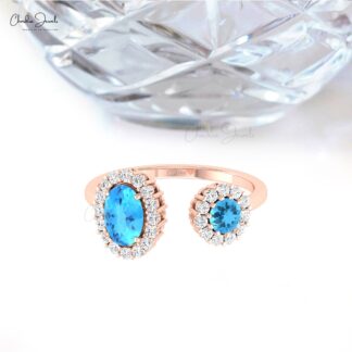 Dual Halo Open Cuff Ring With 1 Ctw Swiss Blue Topaz Diamond 14k Solid Gold Rings
