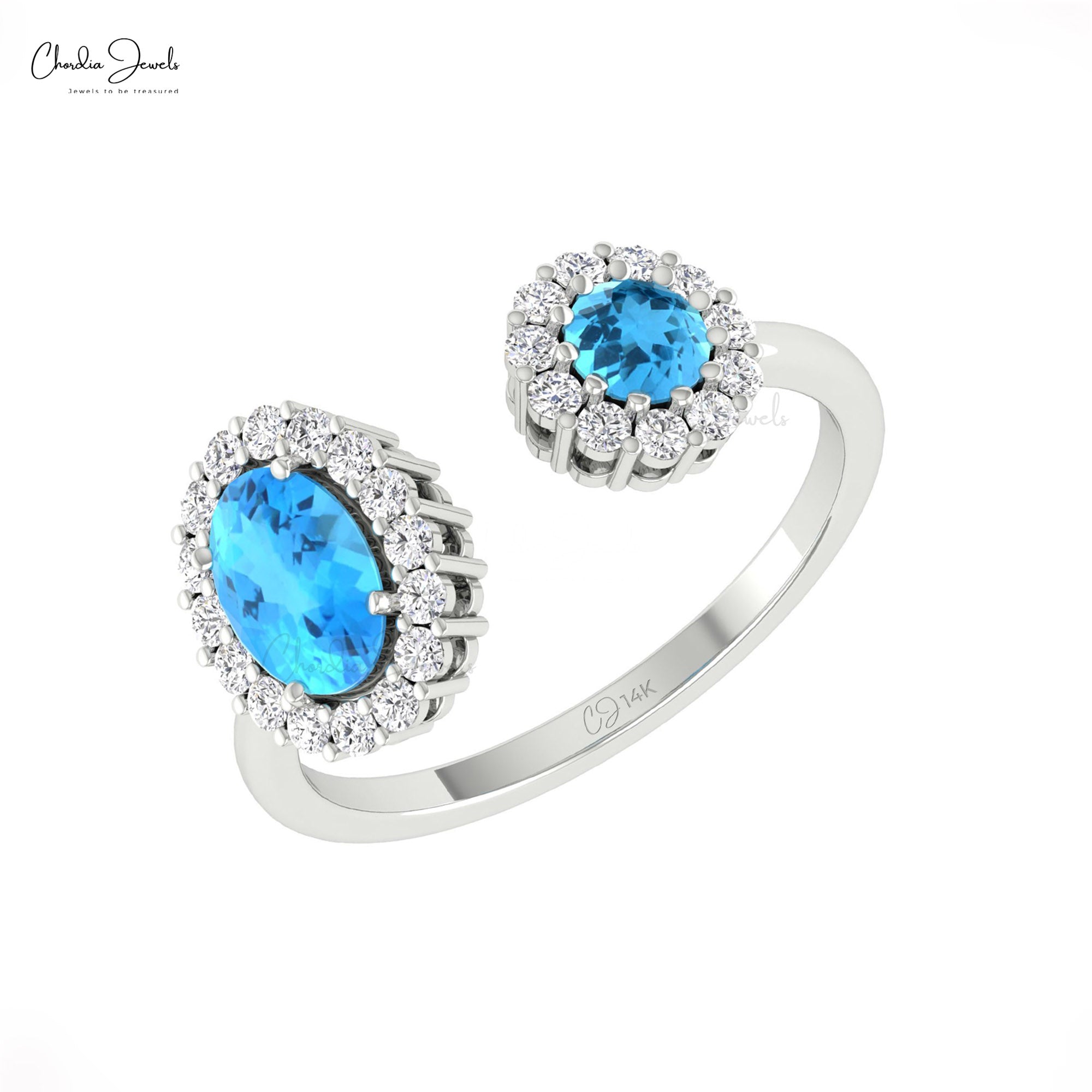 Dual Halo Open Cuff Ring With 1 Ctw Swiss Blue Topaz Diamond 14k Solid Gold Rings