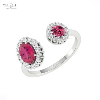 Natural Pink Tourmaline Open Cuff Ring With Halo Diamond 14k Real Gold Hallmarked Jewelry
