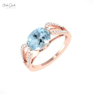 Oval Cut Bypass Ring In Solid 14k Gold Aquamarine Pave Diamond Split Shank Women Ring
