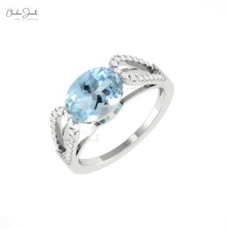 Oval Cut Bypass Ring In Solid 14k Gold Aquamarine Pave Diamond Split Shank Women Ring
