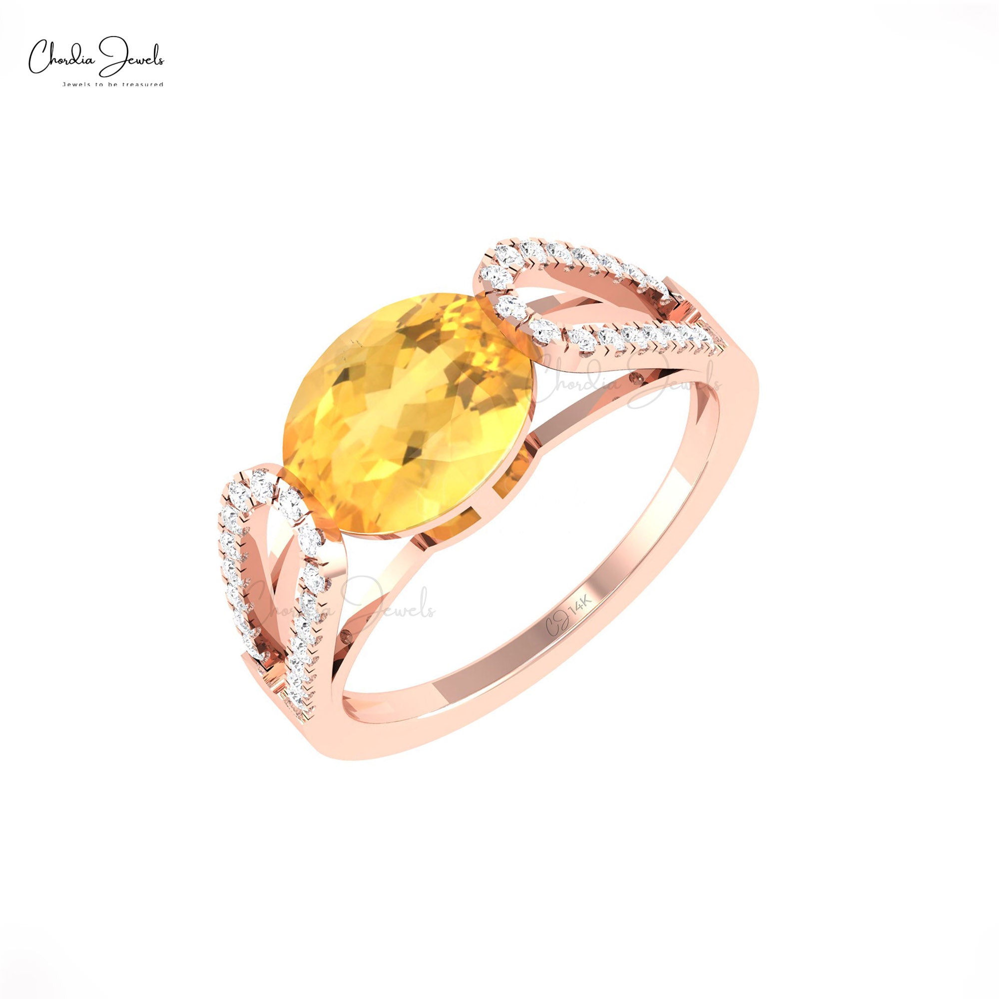 Solid 14k Gold Split Shank Ring With 2.45 Ct Citrine Gemstone G-H Diamond Wedding Rings
