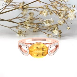 Solid 14k Gold Split Shank Ring With 2.45 Ct Citrine Gemstone G-H Diamond Wedding Rings