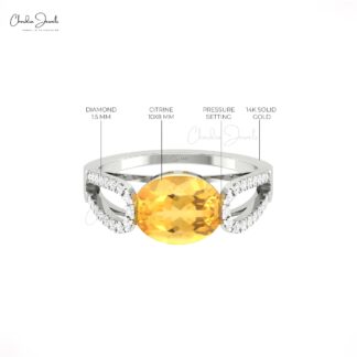 Solid 14k Gold Split Shank Ring With 2.45 Ct Citrine Gemstone G-H Diamond Wedding Rings
