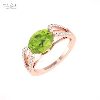 Delicate Split Shank Ring With 10x8mm Peridot Gemstone Diamond Pave Ring In 14k Gold