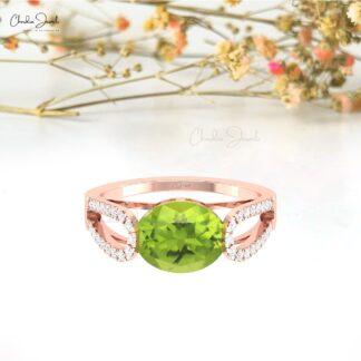 Delicate Split Shank Ring With 10x8mm Peridot Gemstone Diamond Pave Ring In 14k Gold