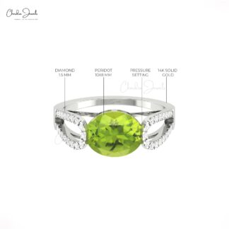 Delicate Split Shank Ring With 10x8mm Peridot Gemstone Diamond Pave Ring In 14k Gold