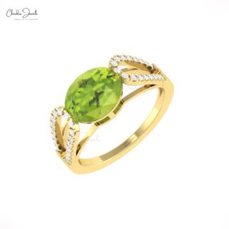 Delicate Split Shank Ring With 10x8mm Peridot Gemstone Diamond Pave Ring In 14k Gold