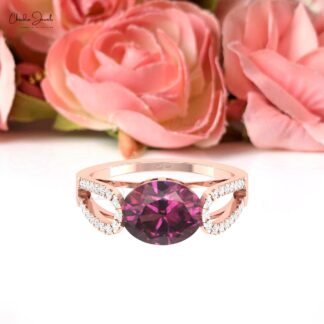 Gemstone Bypass Ring In 14k Real Gold Rhodolite Garnet And Diamond Promise Rings